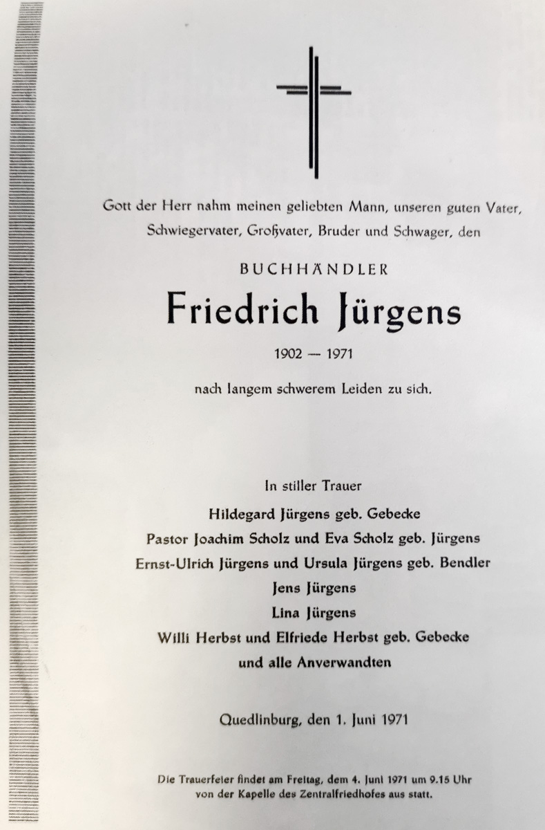 Traueranzeige von Friedrich Jürgens 1971